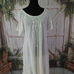 Boho Style White Dress with Tie Front Embroidery on Neck and Hem/Slee